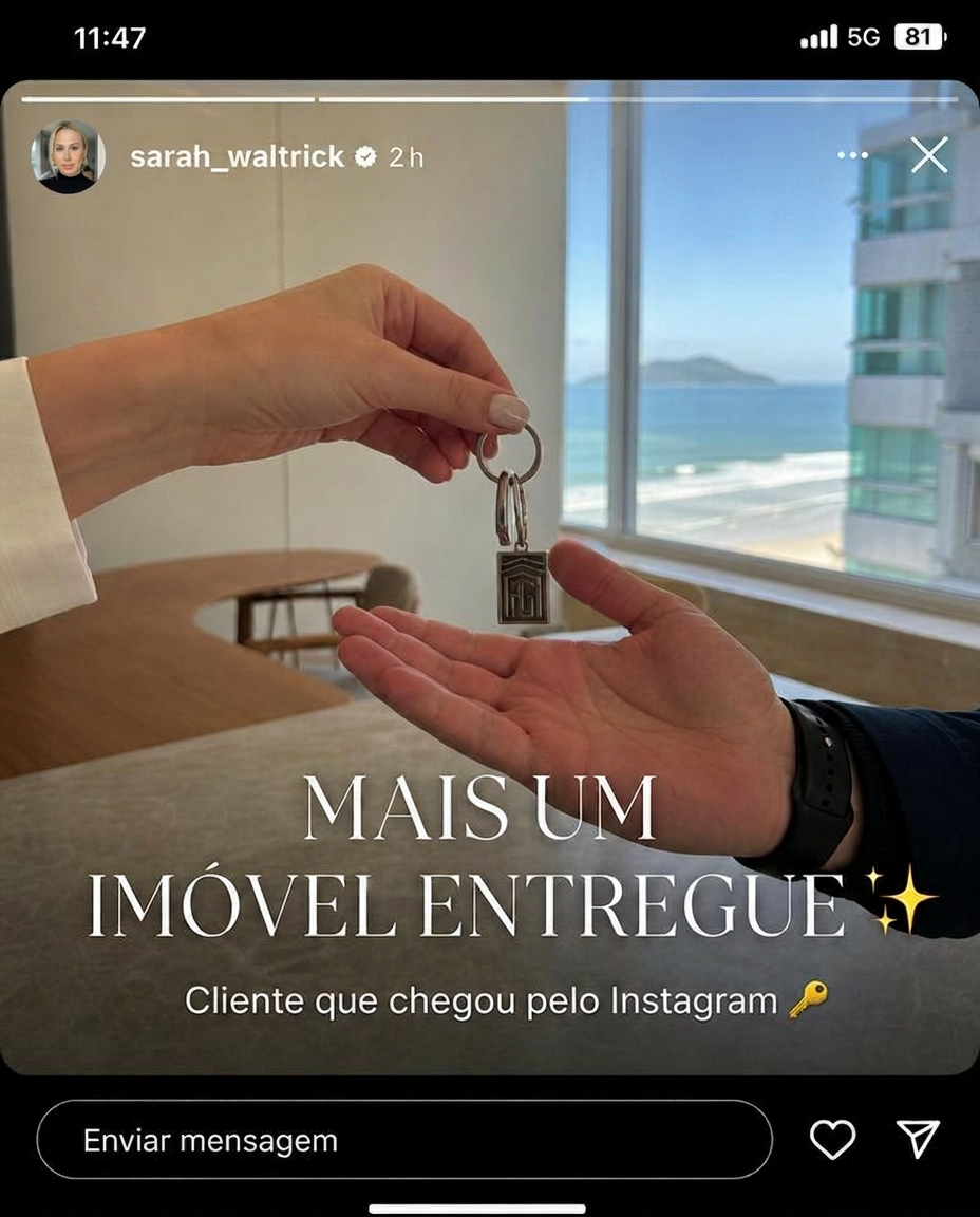 Print de story no Instagram comemorando um imóvel entregue a cliente que veio pelo perfil digital