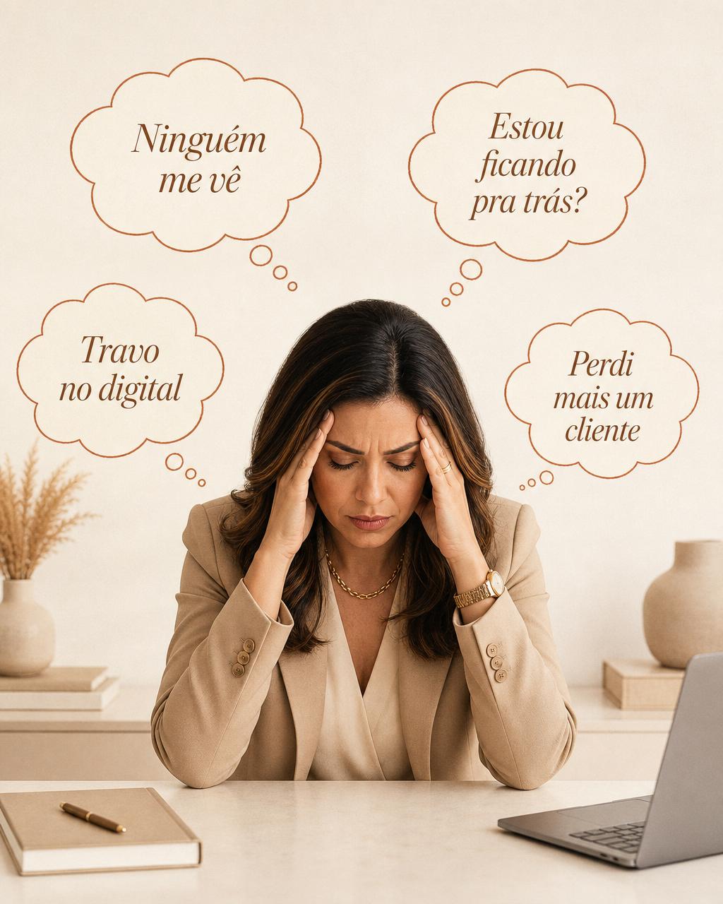 Corretora de imóveis com pensamentos limitantes sobre visibilidade digital: ninguém me vê, trava no digital, estou ansiosa