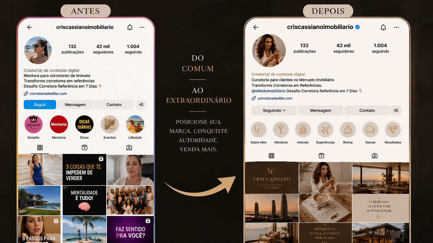 Antes e depois de um perfil de corretora de imóveis no Instagram — do comum ao extraordinário, posicionamento digital de autoridade