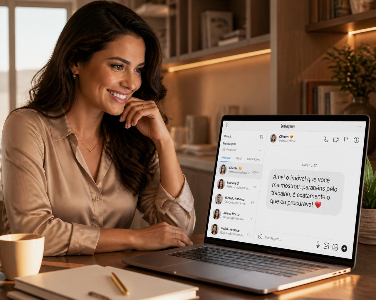 Corretora de imóveis sorrindo ao ver elogios de clientes no direct do Instagram, celebrando resultados do posicionamento digital